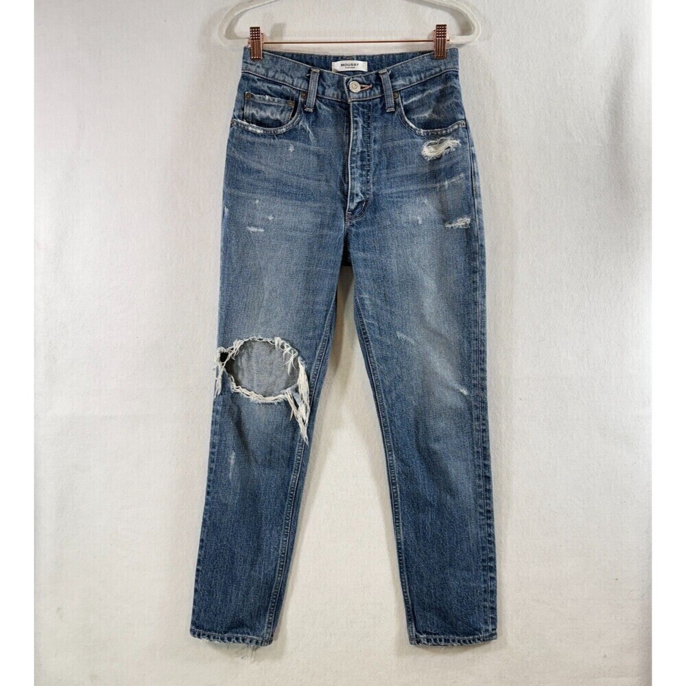 Moussy Jeans Women 25 Blue Tapered Distressed Streetwear Designer Made in Japan